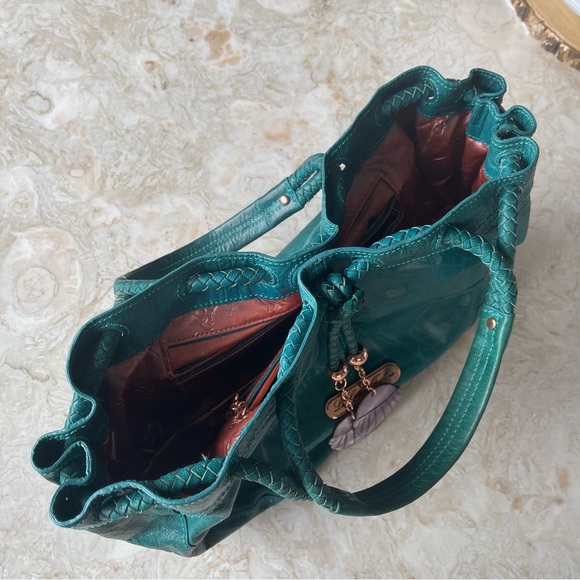 La Gioe di Toscana Turquoise Green Leather Shoulder Bag Carved Shell Accents - Picture 6 of 6